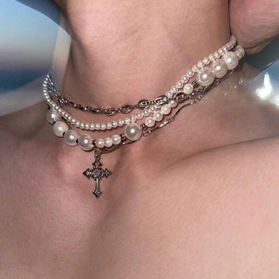 Luxury Jewelry Designer Jewelry Heavy Craft Multi-layer Cross Pearl Titanium Steel Necklace For Men And Women Fashion Trendy Personality Niche Design 
