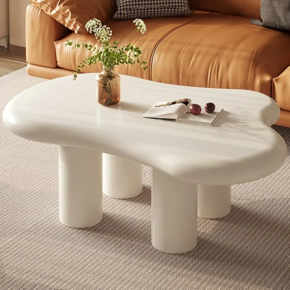 Cloud Coffee Table, Cute White Modern Tea Table, Irregular Indoor End Table for Living Room, Free Shape with 4 Legs, 35.82 Inche