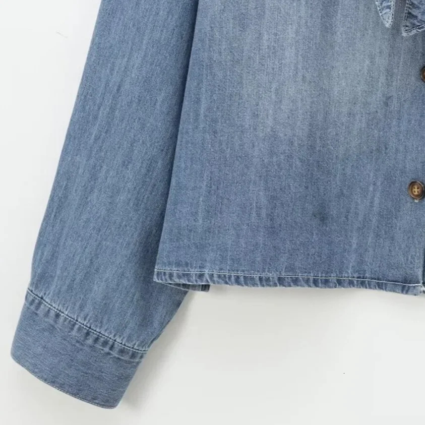 Loose Casual Long Sleeve Button up Butterfly Knot Decorated Denim Shirt Autumn Arrival Womens Fashion Vneck Drapey Garment 250704
