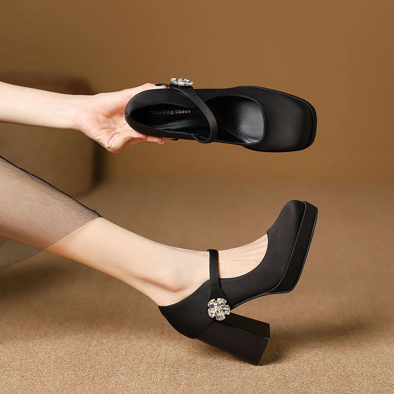 3359-15 French Style One-Strap Flower Buckle High Mary Jane for Women New Waterproof Platform Square Toe Chunky Heel Women's Shoes