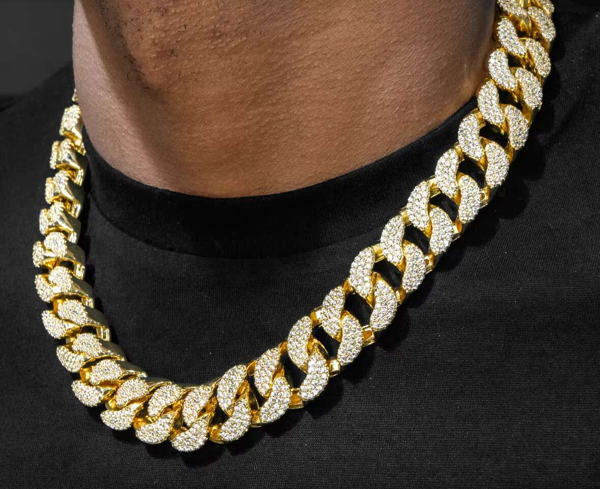 19MM Solid 925 Silver Hip Hop Cuban Link Chain 18K Gold Plated with Studded VVS1 Moissanite Diamond Passes Tester 16-30 Inches