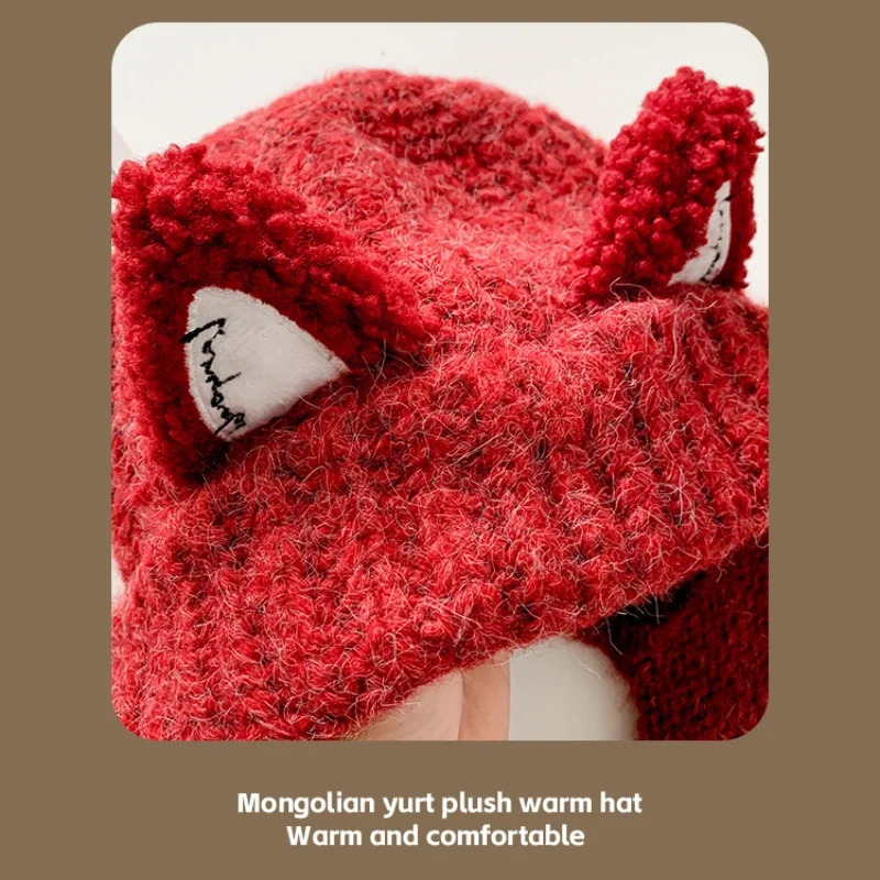 Japanese Cute Fox Ears Pullover Y2K Hats for Women and Men Winter Outdoor Leisure Warm Versatile Ear Protection Beanies Cap 250712
