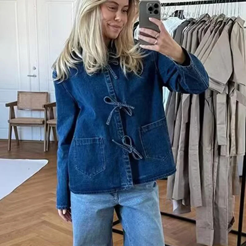 TELLHONEY Women Fashion Lapel Collar Lace Up Blouses Female Casual Long Sleeves With Pockets Solid Denim Outerwear 250704