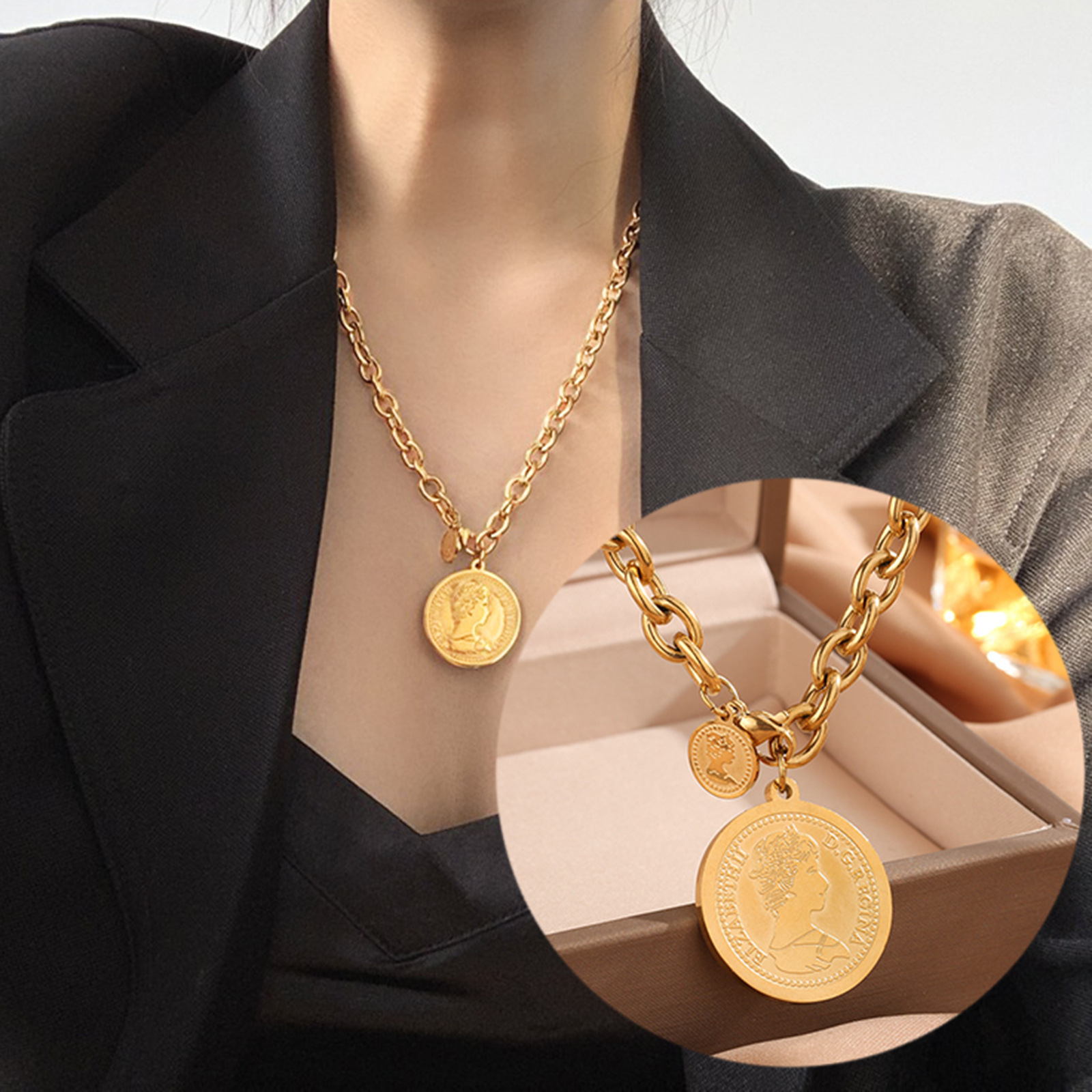 Luxury Jewelry Designer Jewelry European And American Fashion Personality Retro Portrait Round Plate Titanium Steel Pendant Elegant Minimalist Necklac
