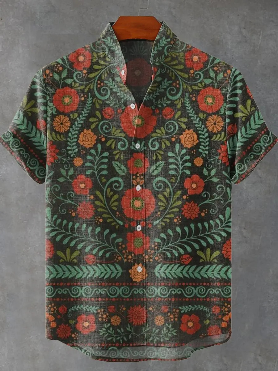 Mens Summer Elegant Art Petal Pattern Retro Linen Short Sleeve Shirt Comfortable Casual High Quality Button Top Mens Fashion 250707