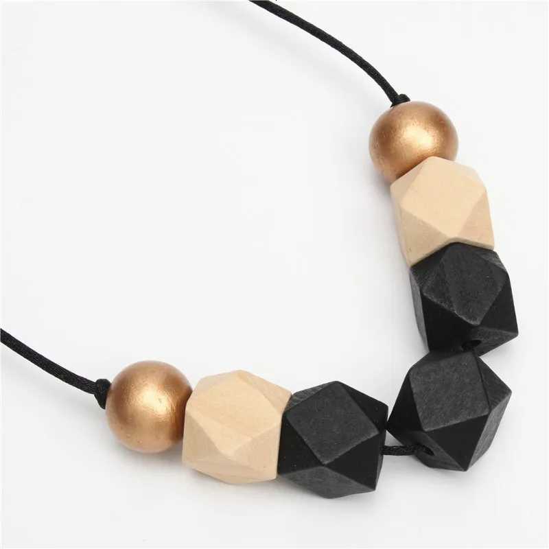 New Wood Geetric Necklace Painted Chunky Faceted Wooden Beads Ball Chunky ather Cord Brown Black Statent W250712