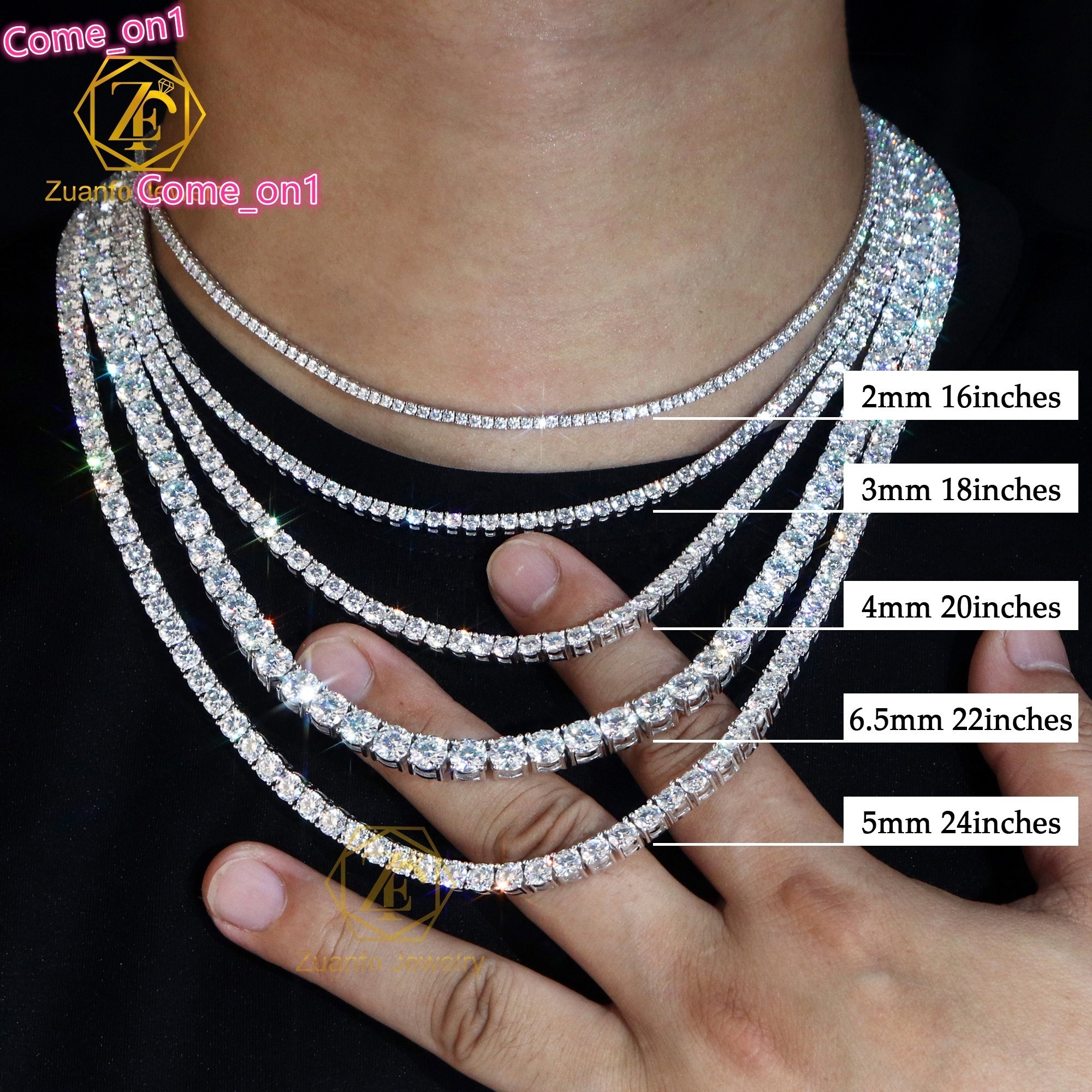 To Ship 2mm 3mm 4mm 5mm 6mm Moissanite Tennis Chain Necklace Men 18k Gold Plated 925 Sterling Silver Fine Jewelry