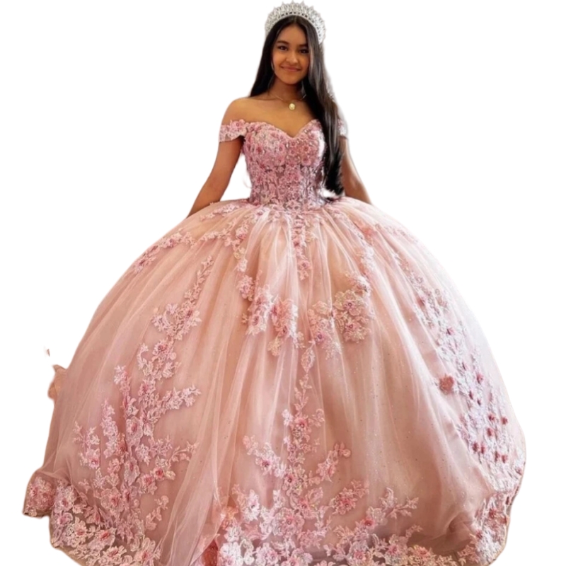Light Pink Princess Quinceanera Dresses Floral Lace Appliques Off Shoulder Party Prom Ball Gown Swepe Train Chic Sweet 15 16 Dress Lace Appliques