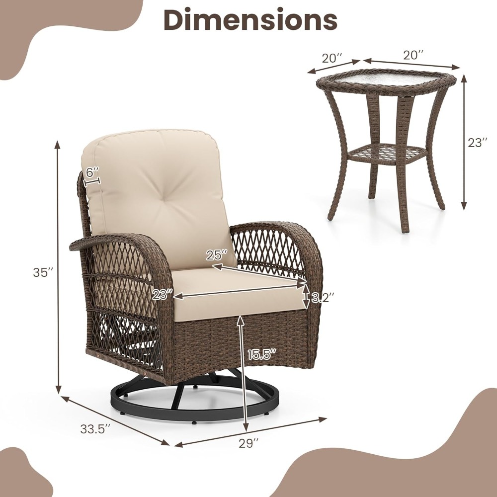 3 Pieces Wicker 360° Dwe74 Swivel Rocker Set Patio Furniture, Rocking Chairs With Cushions, Tempered Glass Coffee Table, Outdoor Ratt