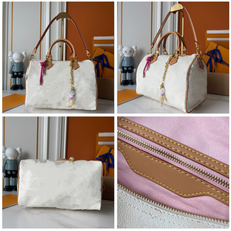 YK Spdyee Bandouliere 30 Boston bag Soft 30 Lucky Monoms Handbag For Women Luxury Crossbody Double zipped closure with padlock 30x21x17cm white flower