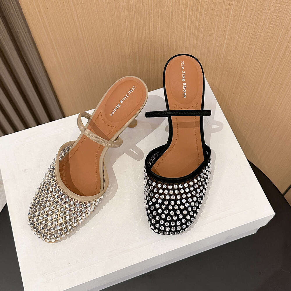 396-2 Rhinestone Round Toe Strap High Heels New Fashion Shallow Mouth Mesh Backless Single Women's Shoes