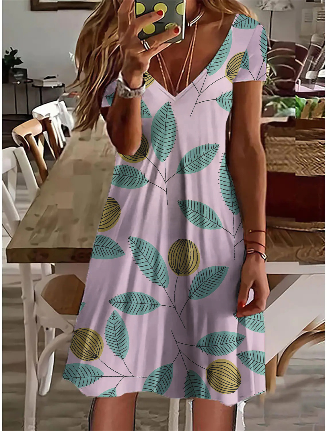 2025 Summer new women's dress, summer new casual V-neck loose print fashionable short sleeved dress, new designer dress