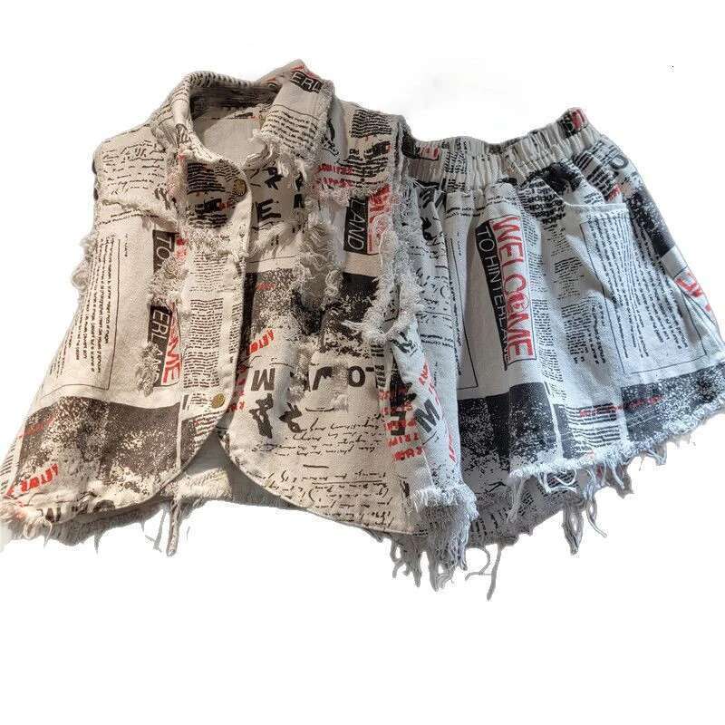 Trendy New Women's Letter Print Plush Edge Denim Vest Elastic High Wasit Wide Leg Shorts Female Summer