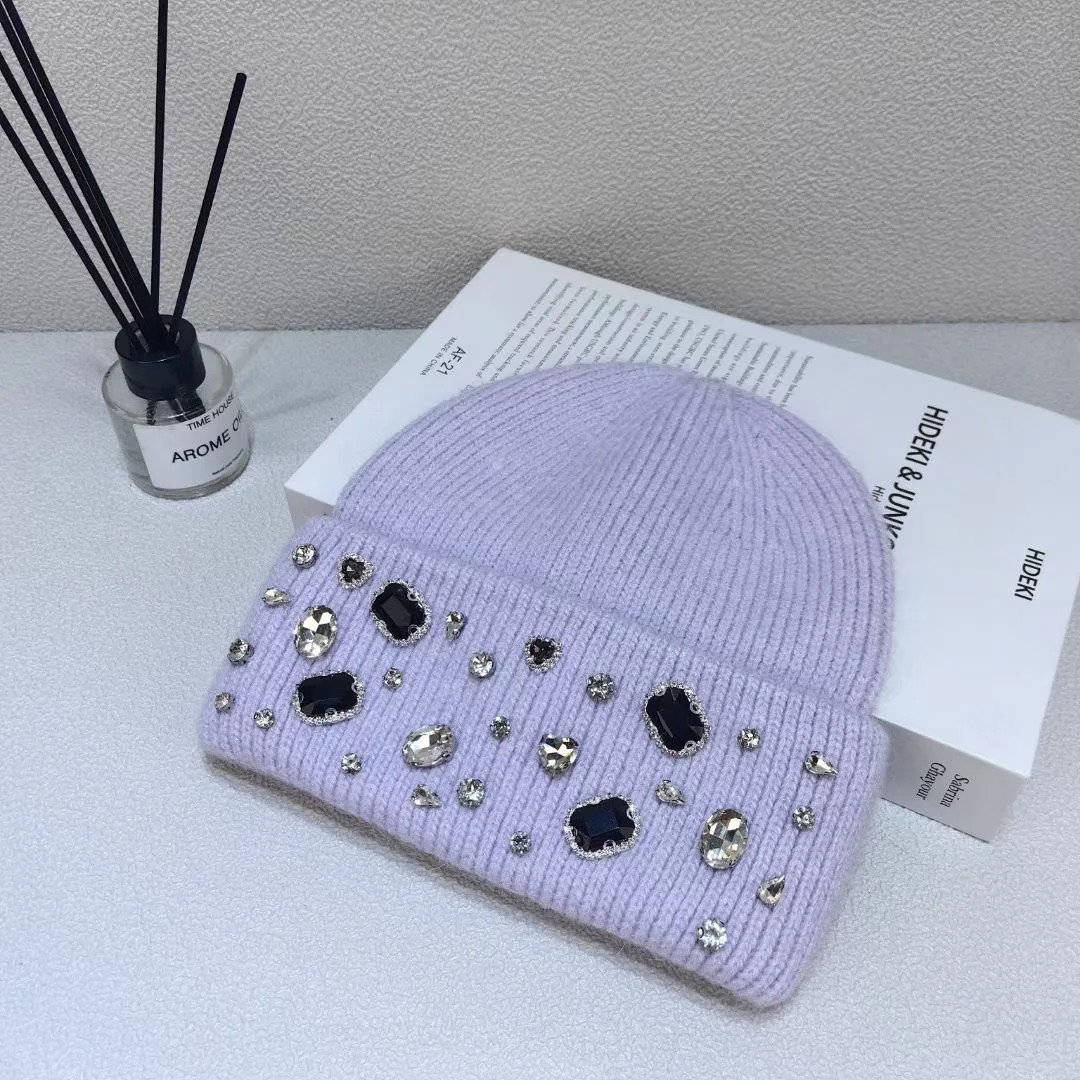Winter lady warm thick beanie cap 7colors fashion rhineston solid casual Knitted hat women Angora wool cap windproof Versatile 250712