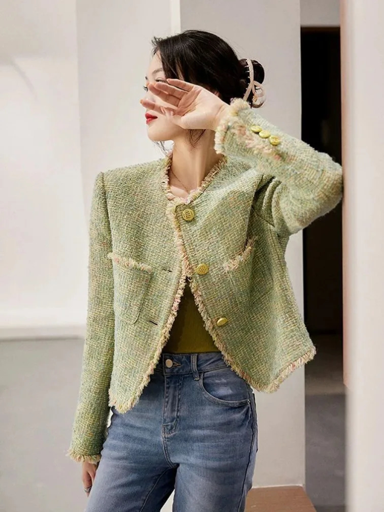 Chic Tassel Green Tweed Jackets Women Elegant Long Sleeve Korean Casual Short Coat High Quality Sweet Outwear Tops 250709