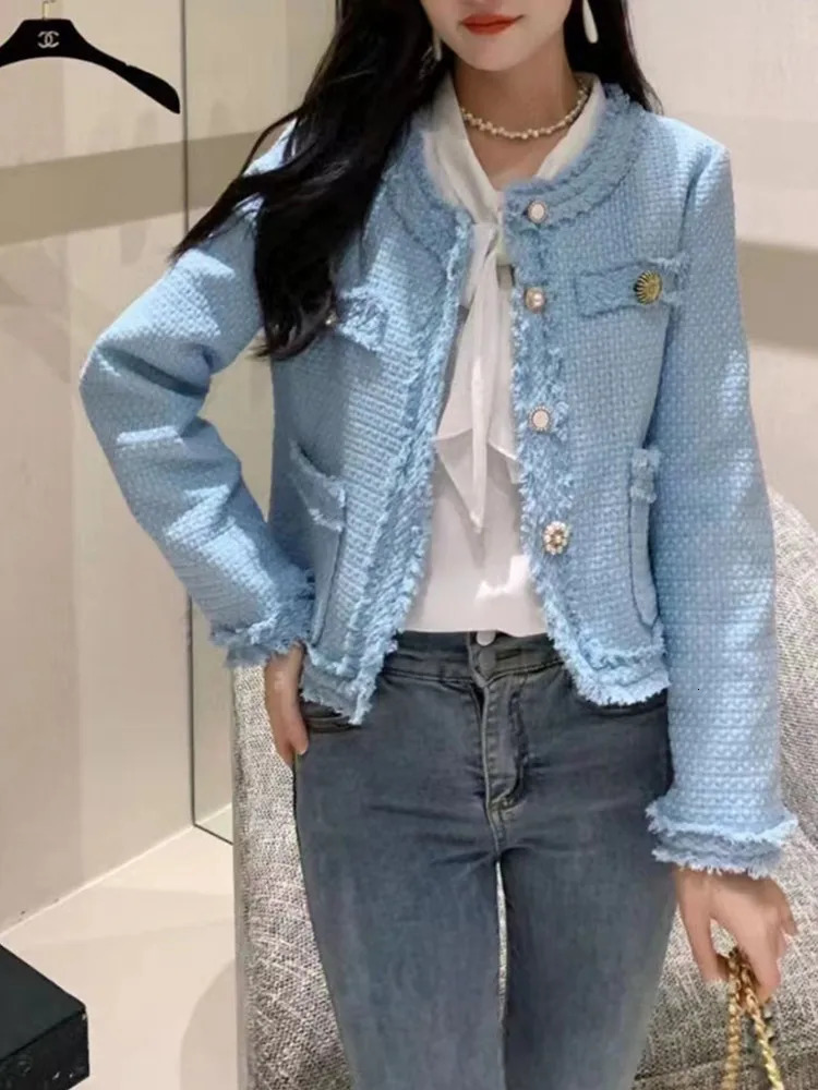 HMA Korea Chic Elegant Tweed Jacket Woman Fall Button Up O-Neck Tassel Coat Female Full Sleeve OL Jacket 250709