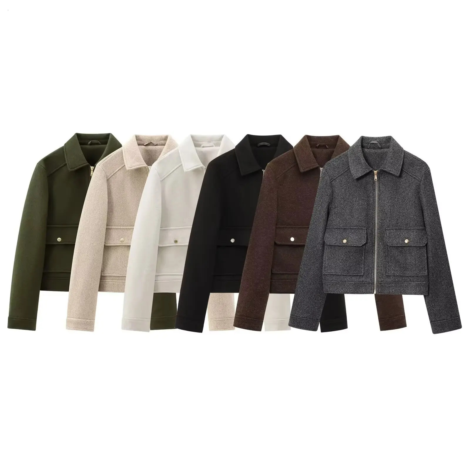 MYST ZA2025 arrivals Womens wear Classic all-match solid color pocket zipper cardigan straight short lapel tweed jacket 250709