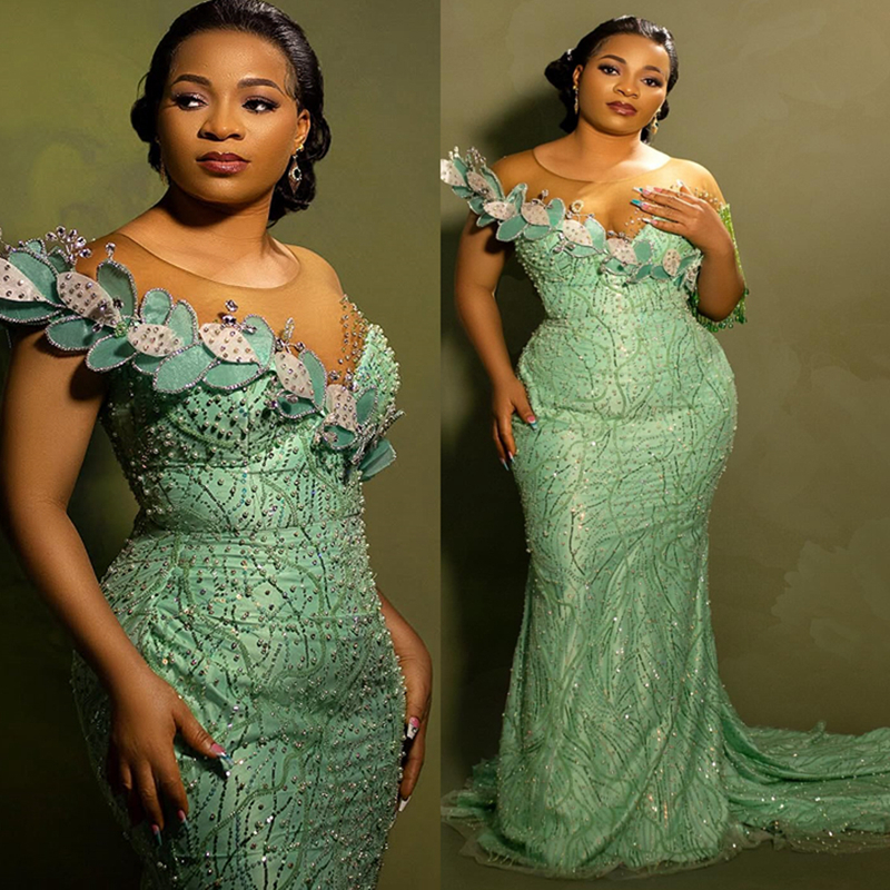 2025 Mint Aso Ebi Prom Dress African Mermaid Prom Dresses Evening Formal Gowns Illusion Sheer Neck Tassel Beaded Lace Birthday Dress Second Reception 
