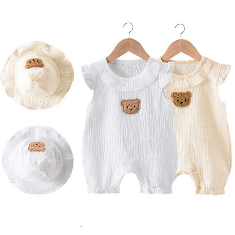2025 Baby Romper Hat Set Summer Muslin Clothing for Boys Girls Bear Jumpsuit Flying Sleeves Infant Onesie 0-24 Months Z250712