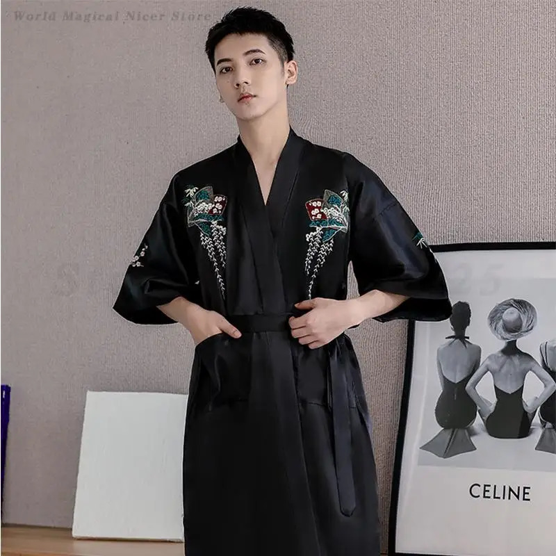 Mens Kimono Bathrobe Spring Summer Satin Sleepwear Loose Comfortable Male Nightwear Home Clothes Mid Length Casual Robe Pajama 250710