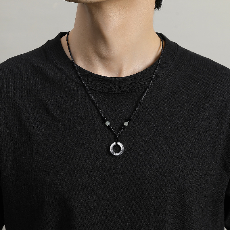 Luxury Jewelry Designer Jewelry Tiqia Real Shot Xiangyun Peace Buckle Necklace For Men, Pure Silver 999, Retro National Trend, Black Agate Beaded Brai