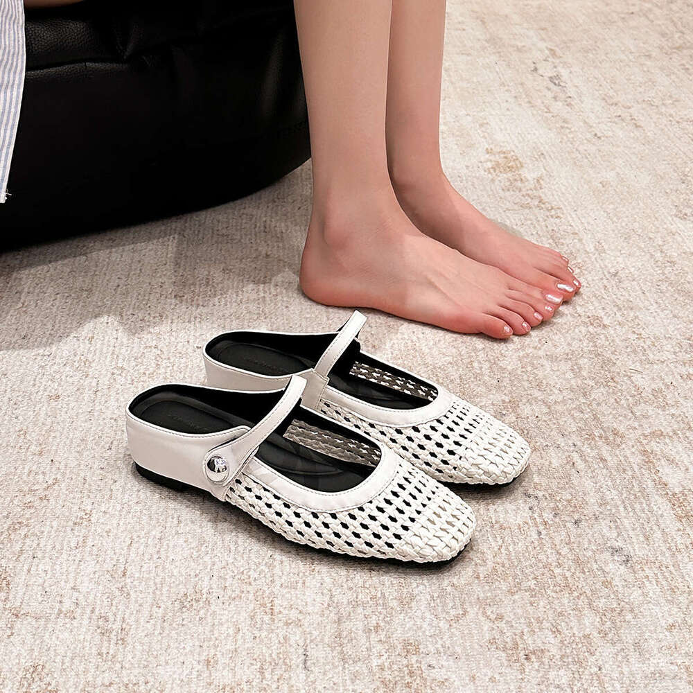 796-19 Square Toe Woven Hollow Breathable Hidden Heel Backless Single for Women Spring Summer One Strap Casual Flat Shoes