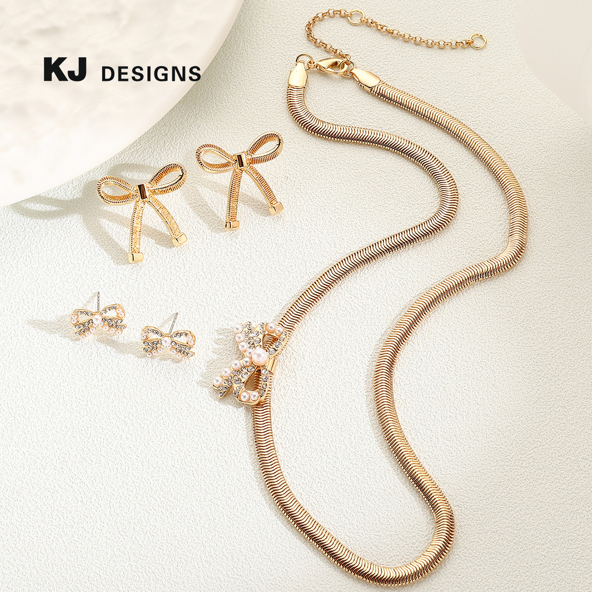 Luxury Jewelry Designer Jewelry Kenjie Snake Chain Bowknot Earrings Necklace Set Cross-border Hot Selling Gold Bowknot Simple Fashion Flat Snake Chain