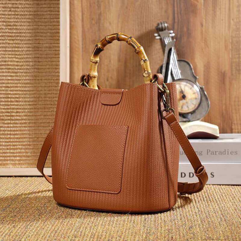 2025 New Genuine Leather Women Handbags Bamboo Handle Single-shoulder Messenger Bucket Bag Small Portable Tote Bags