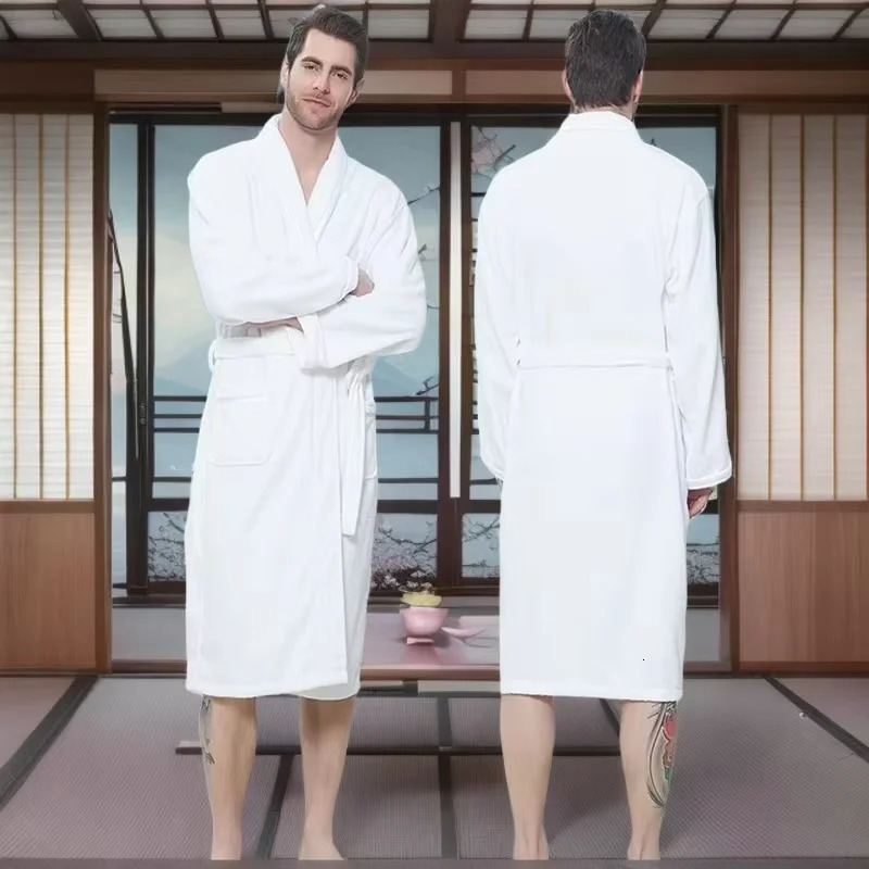Women Bathrobe Winter Towel Fleece Thick Sleepwear Warm Men Robe Nightgown Kimono Dressing Gown Pajamas Lady Kimono Robe White 250710