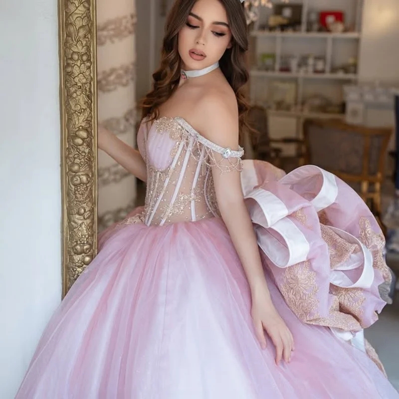 Pink Quinceanera Dresses Off the Shoulder Applique Lace Beads layering Long tail Vestido 15 De Anos Sweet 16 Dress