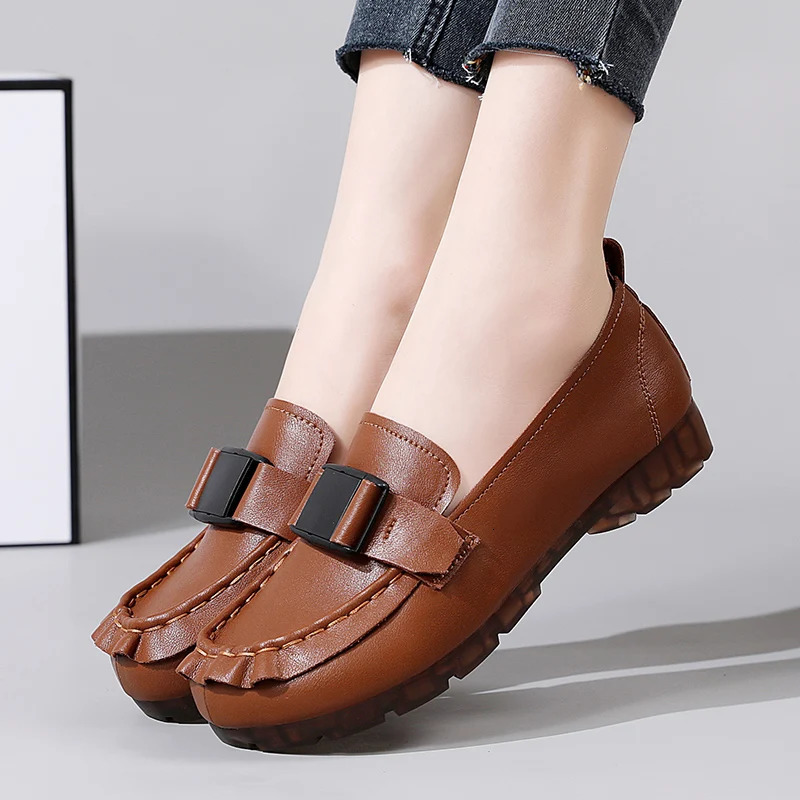 womens shoes casual single shoes leather mother shoes Korean version of metal buckle set foot low help doudou shoes 250707