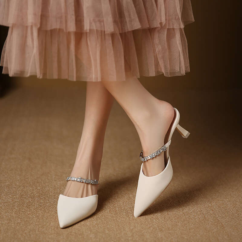 699-19 Peep Half Slippers for Women 2023 New Style Elegant Rhinestone Outdoor High Heels Pointed Toe Stiletto Women's Shoes