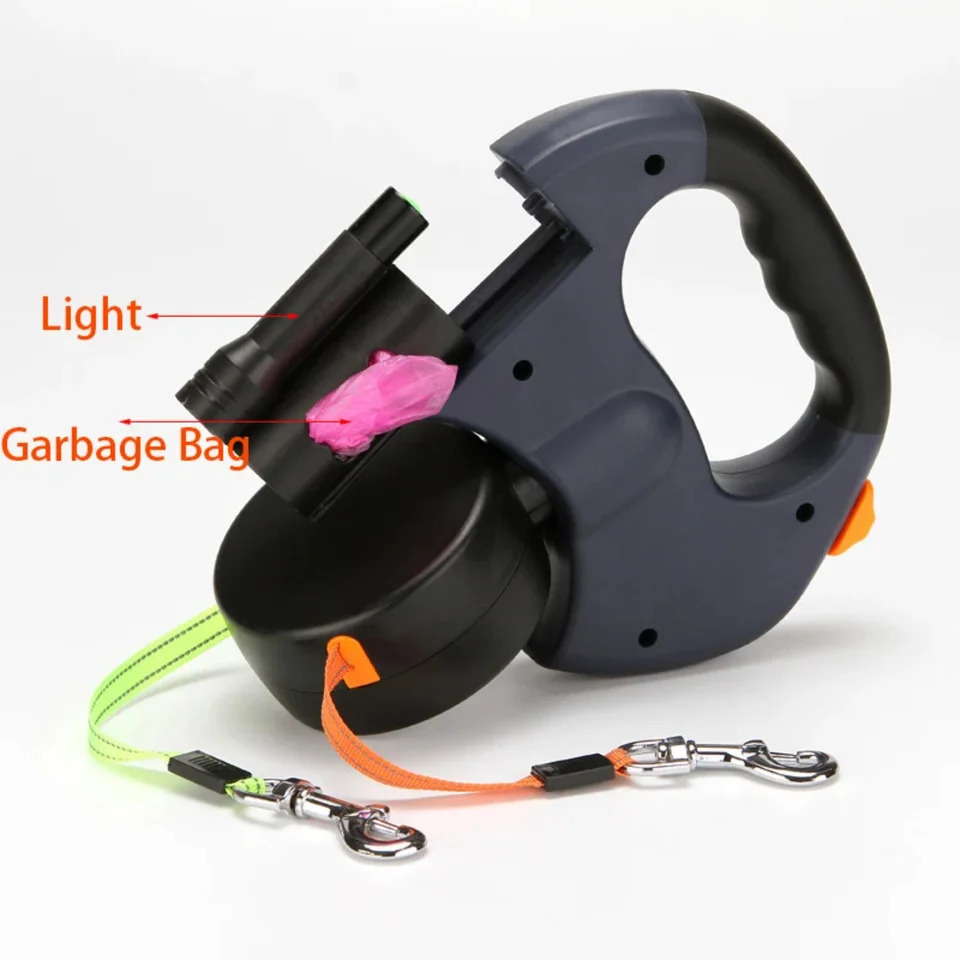 Double Retractable Dog Leashes 3m with Flashlight Poop Bag | Telescopic Nylon Extending Lead for Walking | Service Dog Tractio 250709