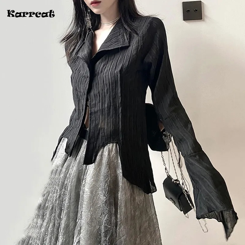 Karrcat Gothic Black Shirts Irregular Yamamoto Style Flare Sleeve Blouse Dark Aesthetic Grunge Clothes Harajuku Mall Goth Tops 250708