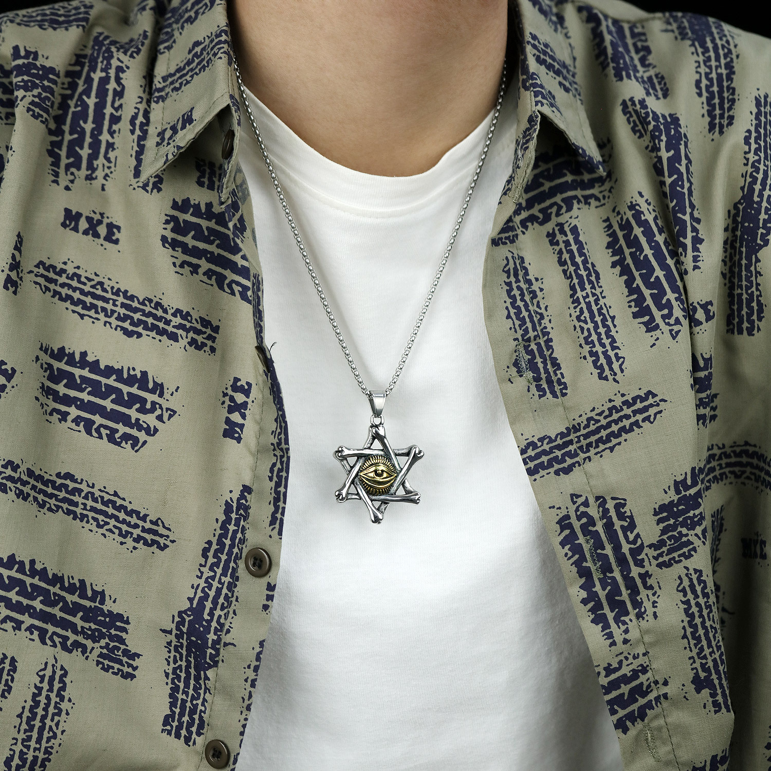 Luxury Jewelry Designer Jewelry Vintage Domineering Hexagram Demon Eye Long Titanium Steel Necklace Personality Trendy Men Hip Hop Style Sweater Chain