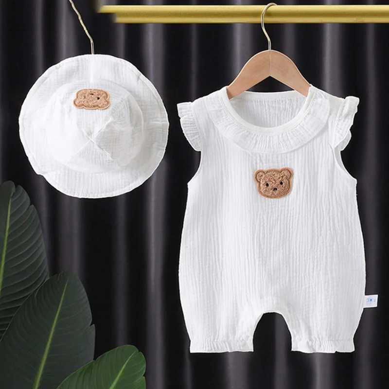 2025 Baby Romper Hat Set Summer Muslin Clothing for Boys Girls Bear Jumpsuit Flying Sleeves Infant Onesie 0-24 Months Z250712