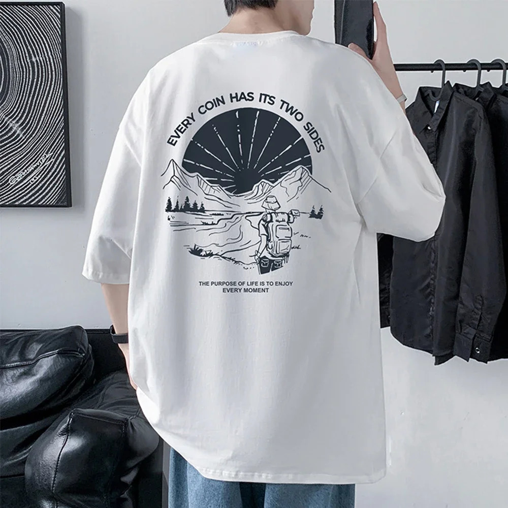 Mens Cotton Tshirt Front Back Print Half Sleeve Summer Loose Oversized Casual Oneck Male Tees 250707