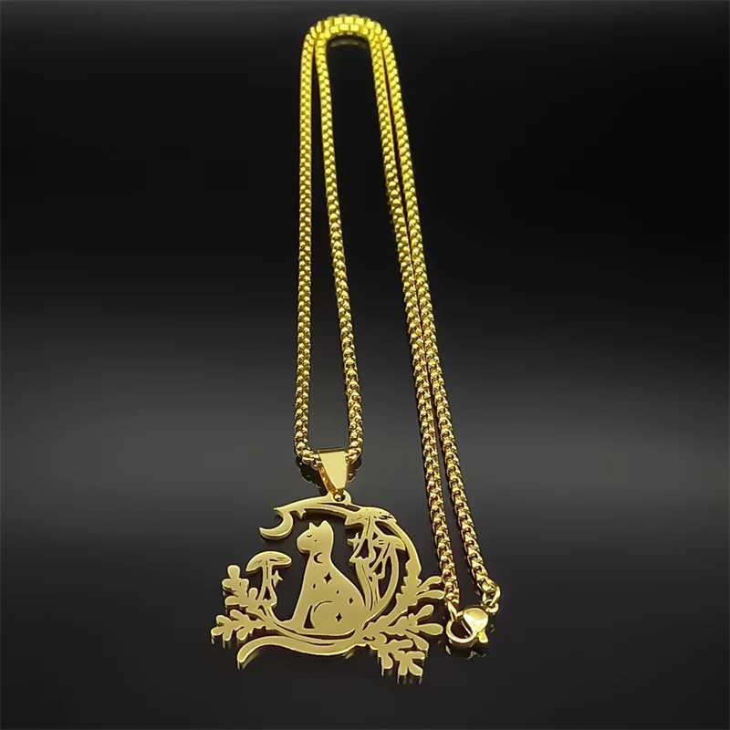Night Witchcraft Black Cat Pendant Necklace For Women Men Stainless Steel Half-Moon Mushro Plant Chain Jewelry Gifts W250712