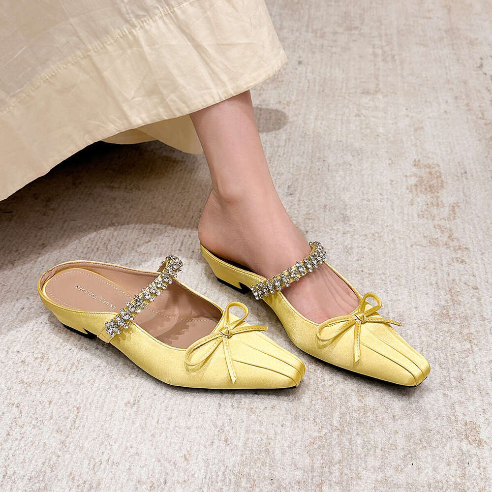 317-2 French Style Fabric Rhinestone Square Mid-Heel New Bowknot Pleated Closed Toe Backless Single Shoes for Women