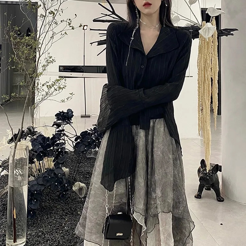 Karrcat Gothic Black Shirts Irregular Yamamoto Style Flare Sleeve Blouse Dark Aesthetic Grunge Clothes Harajuku Mall Goth Tops 250708
