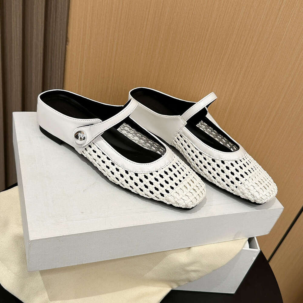 796-19 Square Toe Woven Hollow Breathable Hidden Heel Backless Single for Women Spring Summer One Strap Casual Flat Shoes