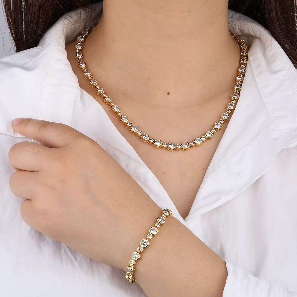 Hip Hop Women Jewelry Iced Out Gold Plated Diamond Tennis Link Chain Bracelet Set Round Cut Cubic Zirconia Bezel Tennis Necklace