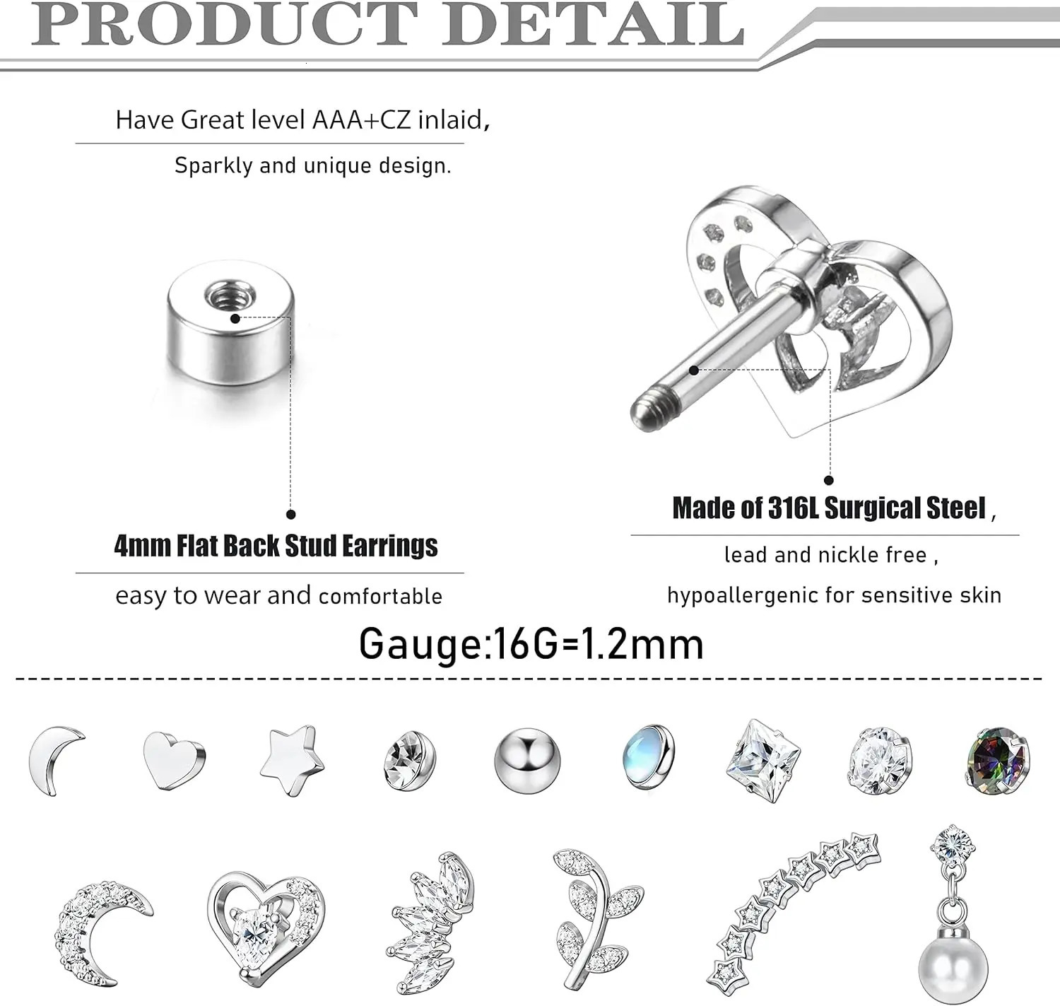 Bobisty 1pc 16G Cartilage Stud Earrings for Women Stainless Steel Small Opal Earring Studs Lip Bar Nose Ear Piercing Jewellery 250708
