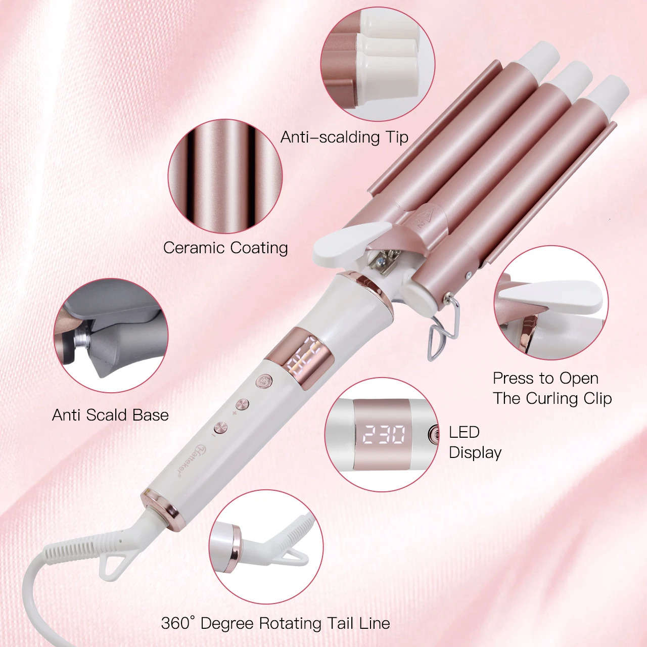 Hatteker Professional Hair Curling Iron Ceramic Triple Barrel Waver Electric Hair Styling Tool for Versatile Curls And Waves EU 250712