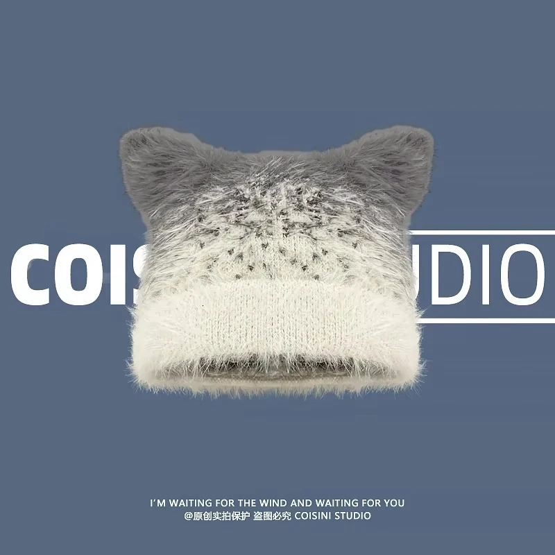 Fashion Gradual Change Color Pullover Beanies Cap Y2K Autumn Winter Leisure Warm Personality Cat Ear Knitted Hats Women 250712