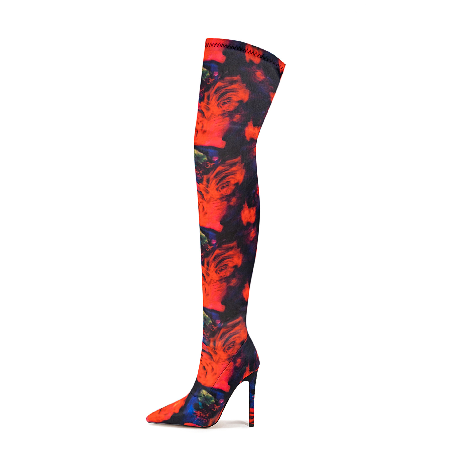 Women's Satin Floral Over-The-Knee Boots - Pointed Toe Stiletto Heel Stretch Thigh High Fashion Boots