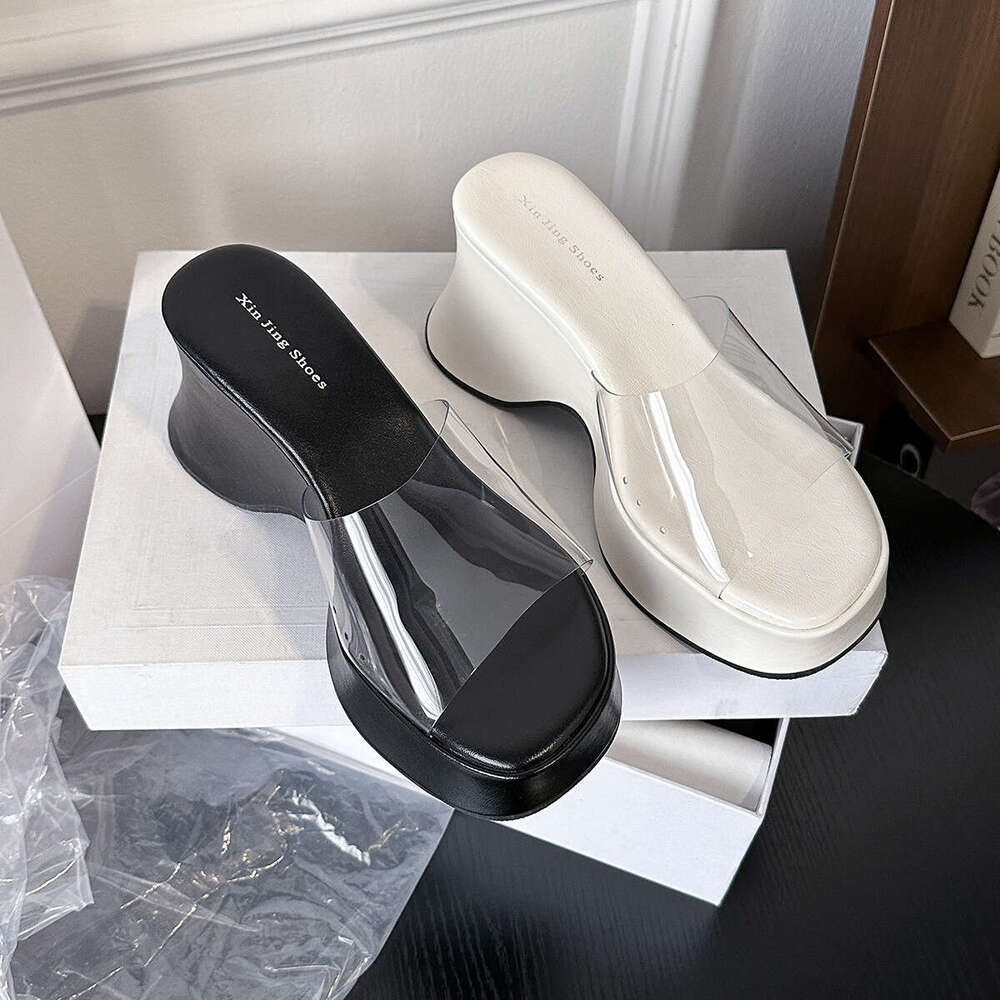 XJ-2 High Heel Thick Sole One-Strap for Women, New Style, Height Increasing, Petite, Transparent Waterproof Platform Sandals and Slippers