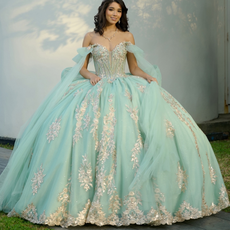 Green Shiny Quinceanera Dresses Ball Gown Off The Shoulder Applique Lace Bow Beads Tull Corset Party Birthday Sweet 16 Dress Vestidos 15 Anos