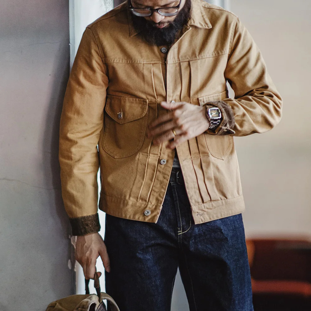 Maden Canvas Rancher Jackets with Collar Back Paris Button Khaki Denim Jacket for Men Vintage Heavyweight Pocket Fall Outerwear 250710