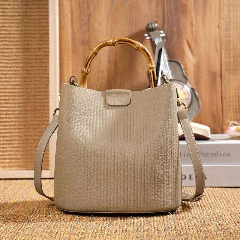 2025 New Genuine Leather Women Handbags Bamboo Handle Single-shoulder Messenger Bucket Bag Small Portable Tote Bags
